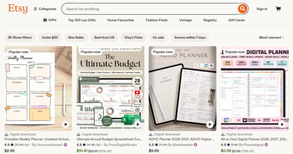 Etsy digital products page