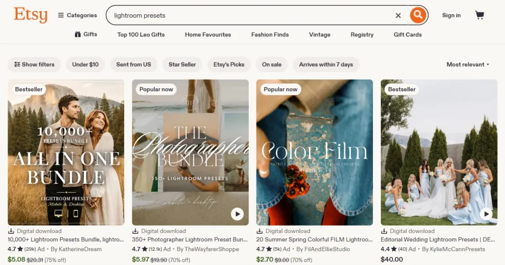 Etsy lightroom presets products