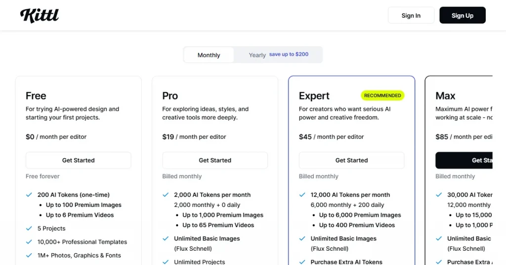Kittl pricing page