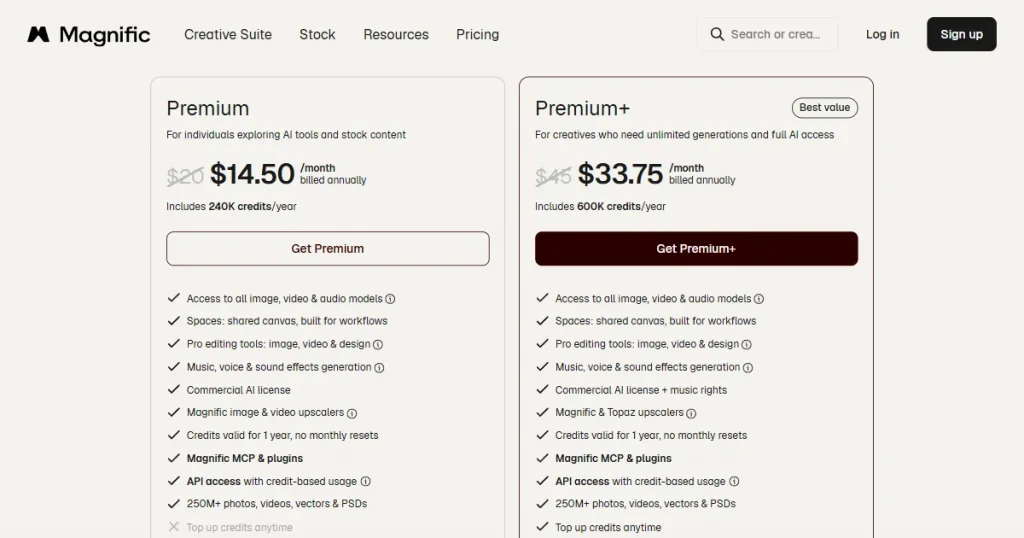 Magnific pricing page