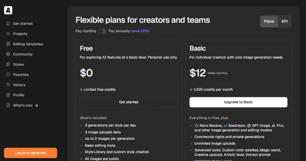 Recraft AI pricing page