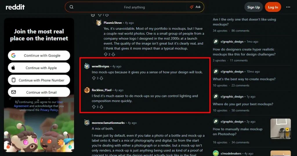Reddit comments about the benefits of mockups