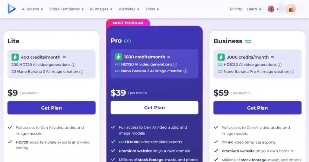 Renderforest pricing page